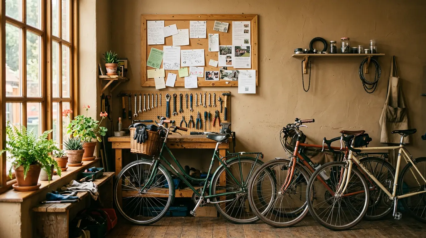 Coin chaleureux d’un atelier vélo associatif avec un panneau d’affichage, des vélos et des plantes.