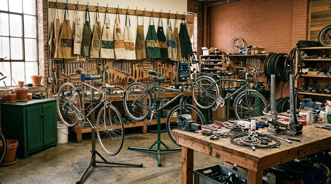 Atelier vélo associatif : tabliers accrochés, mur d’outils et vélos sur pied, le savoir-faire de l’équipe.