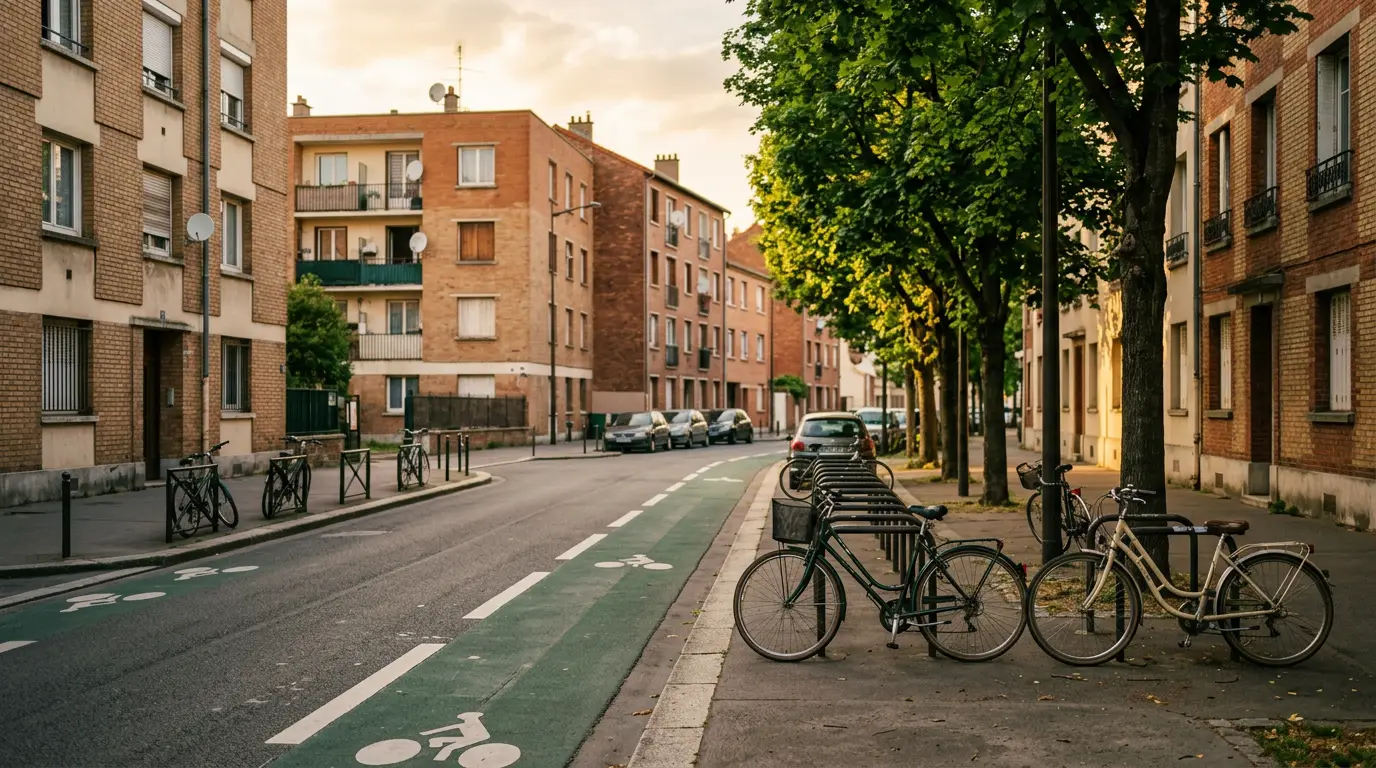 Rue résidentielle de Romainville avec une bande cyclable et des vélos, lumière douce de fin de journée.