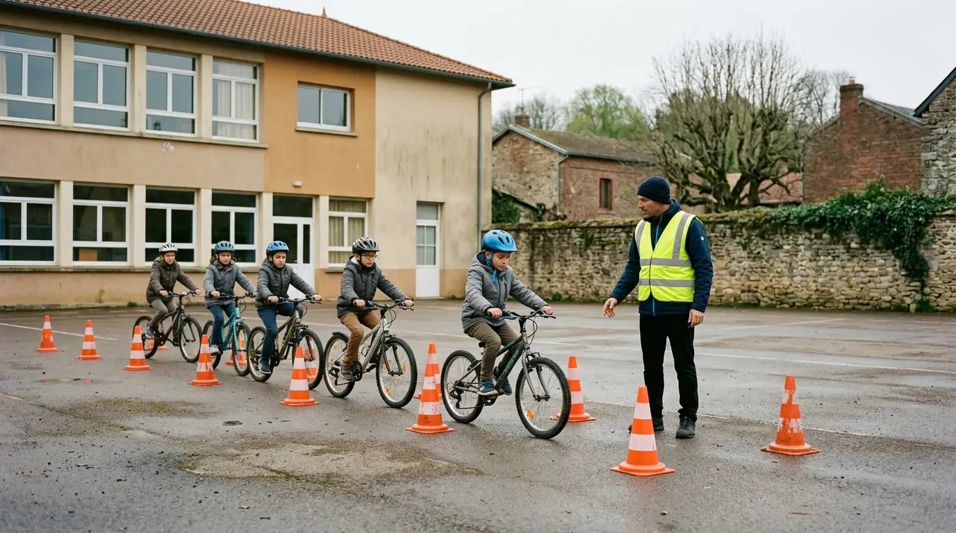 Un moniteur encadre des enfants casqués à vélo entre des plots dans une cour d’école.