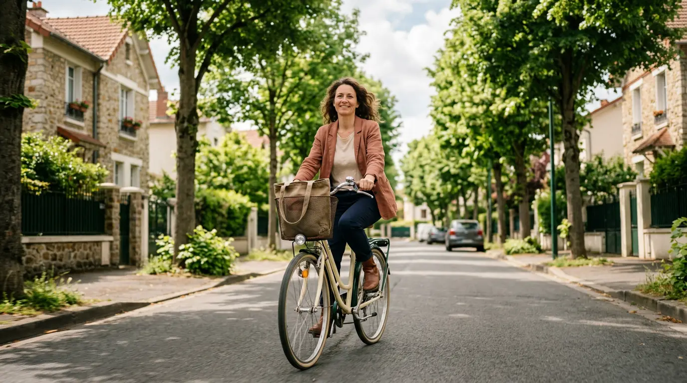 Une personne roule à vélo avec assurance dans une rue arborée, image d’autonomie et de mobilité.